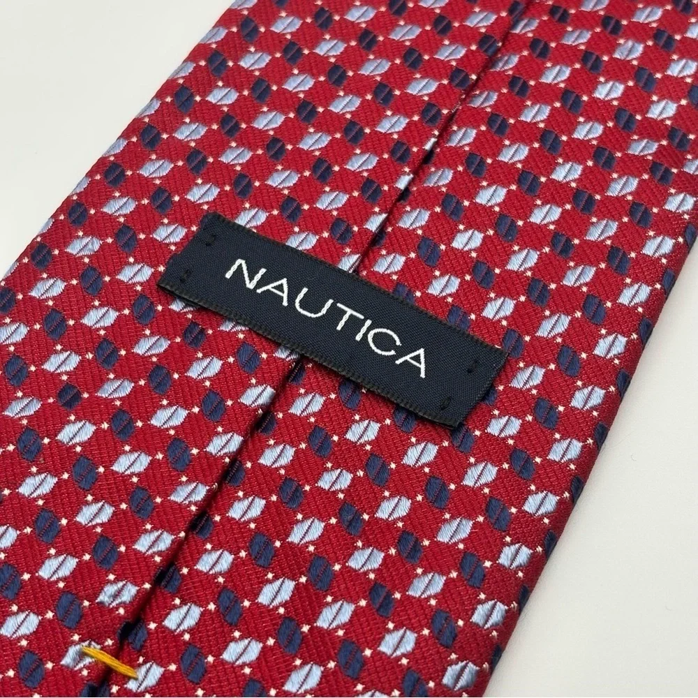 Nautica | Geometric Pattern Silk Necktie Tie | Red/Navy/Blue